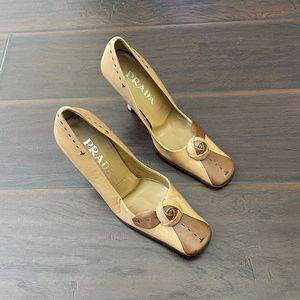 EUC! Vintage PRADA Women's Tan Square Toe Pumps Heels Sz EU 36/US 5